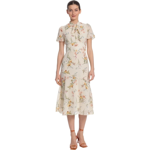Maggy London Neck Tie Floral Print Midi Sheath Dress